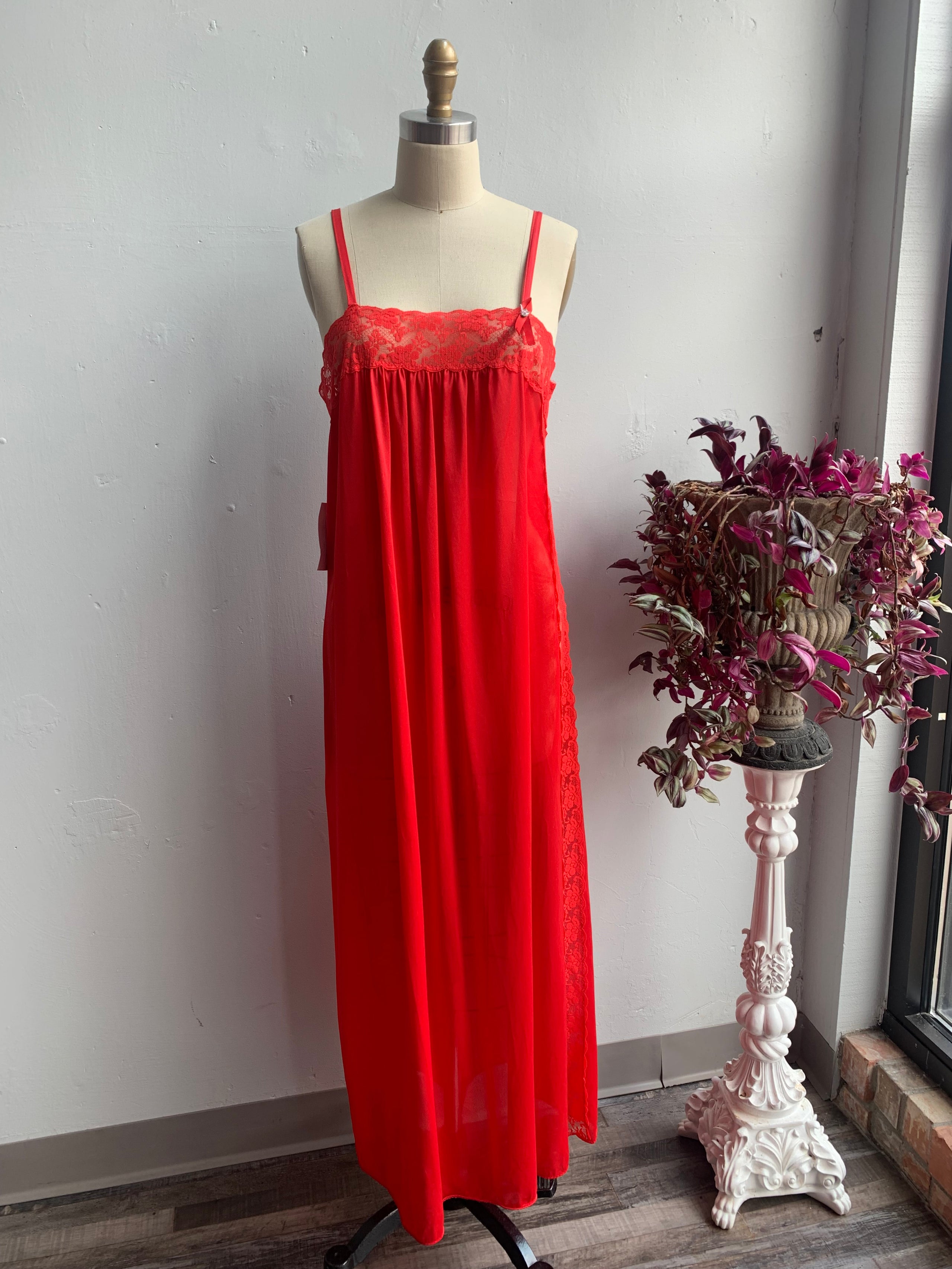 1970s Red Lace Trim Nightgown | Dela Deville's Vintage